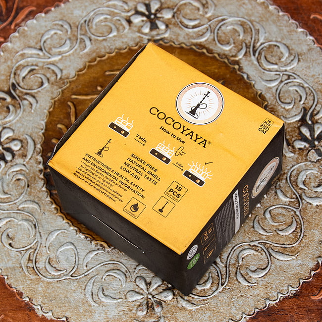 ココナッツ製のシーシャ炭 COCOYAYA - 18個入り 250g　樹脂香・レジン香にもオススメ 3 - 使用方法などが書かれています。箱はそれなりのインド品質です。