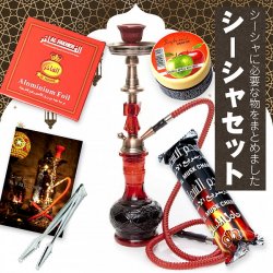 〔初めてのシーシャセット〕シーシャ（水タバコ）赤 【約46cm】フレーバー、炭、アルミホイル、トング、説明書付き(SET-GENE-234)
