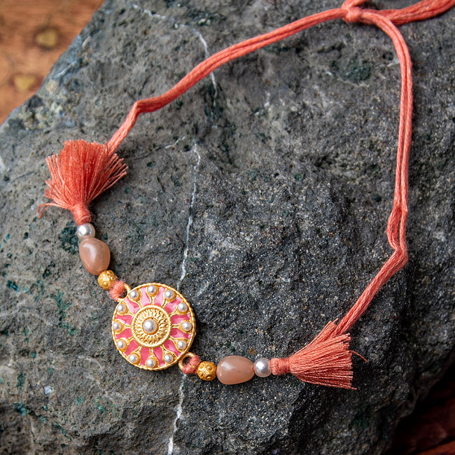 ラーキー - インドの紐ブレスレット ピンクフラワーの写真ブレス, ブレスレット,アンクレット,ラクシャバンダン,Rakhi Bandhan