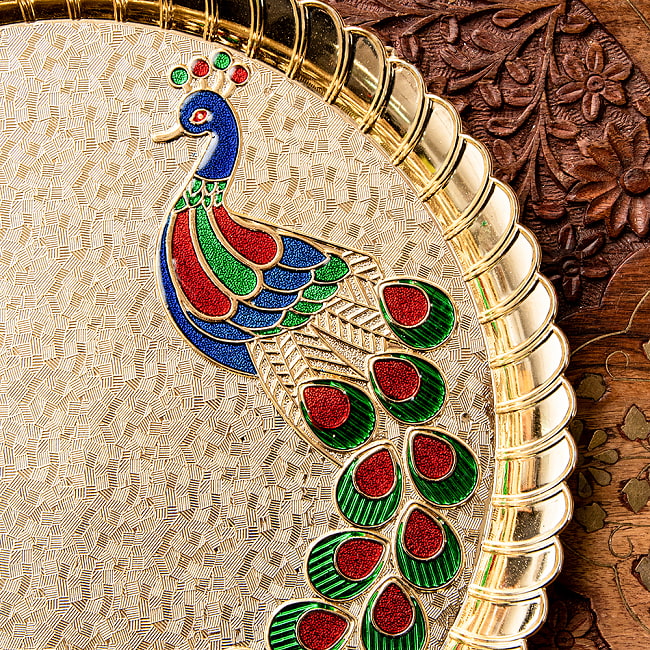 【約25.5cm】インドの礼拝皿 プージャターリー 孔雀 3 - 艶やかな装飾です。