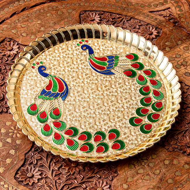 【3個セット】【約25.5cm】インドの礼拝皿 プージャターリー 孔雀 6 - フチが少し持ち上がっています。