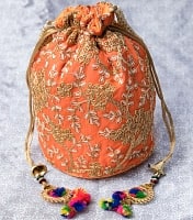 インドのきらきらミニバッグ・サリー等へオススメの巾着 - オレンジの商品写真