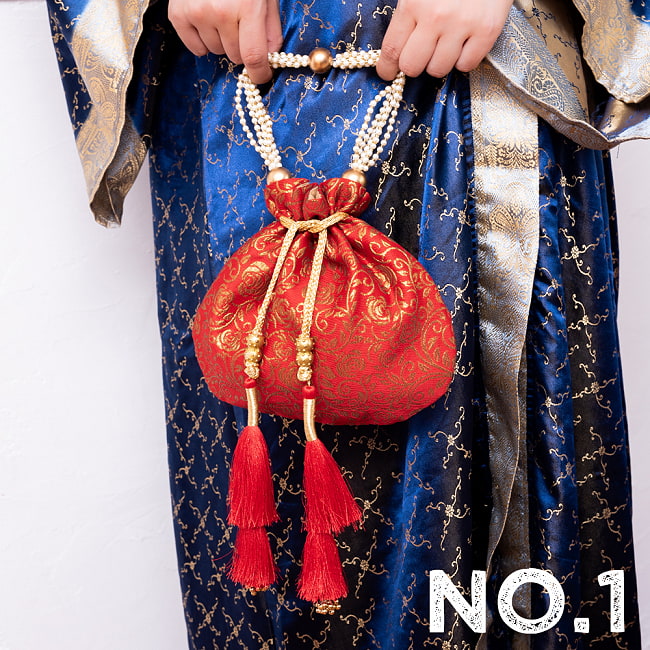 ボタニカル柄の伝統ポトリバッグ　巾着　バッグ　華やかでかわいい　インドの伝統的なバッグ 14 - No.1：レッド