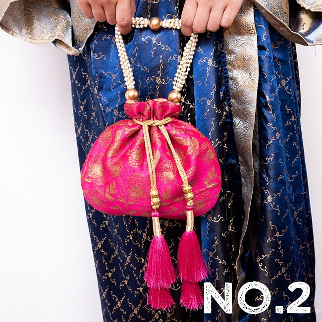 ボタニカル柄の伝統ポトリバッグ　巾着　バッグ　華やかでかわいい　インドの伝統的なバッグ 15 - No.2：ピンク
