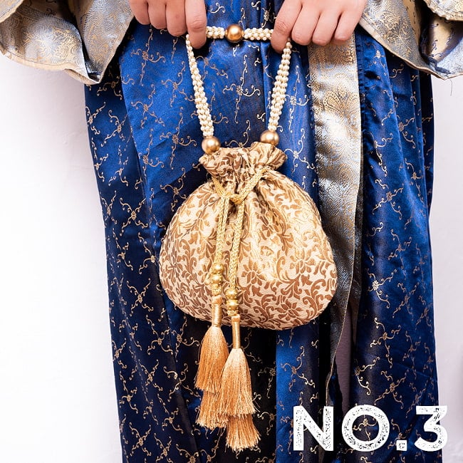 ボタニカル柄の伝統ポトリバッグ　巾着　バッグ　華やかでかわいい　インドの伝統的なバッグ 16 - No.3：ベージュ