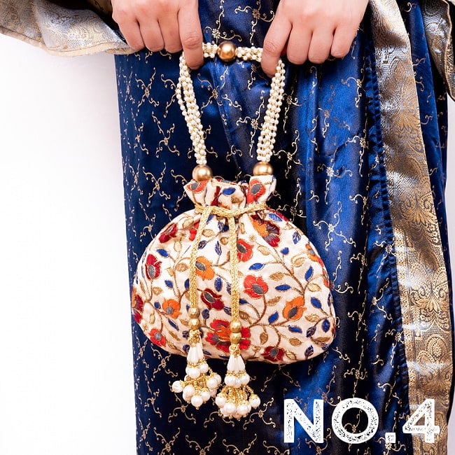 ボタニカル柄の伝統ポトリバッグ　巾着　バッグ　華やかでかわいい　インドの伝統的なバッグ 17 - No.4：カラフル