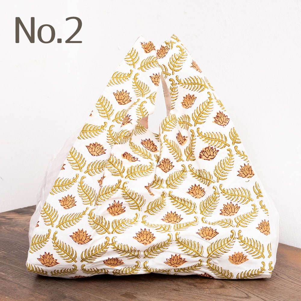 重いものもらくらく！ インドの木版染め　ころんとエコバッグ2枚目の下部説明写真です