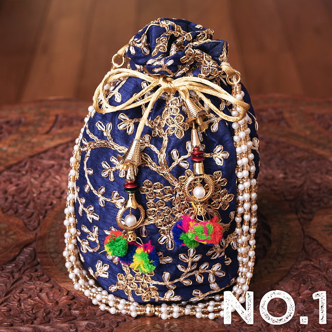 【自由に選べる3個セット】インドのきらきらミニバッグ・サリー等へオススメの巾着　ゴールド刺繍系 12 - No.1