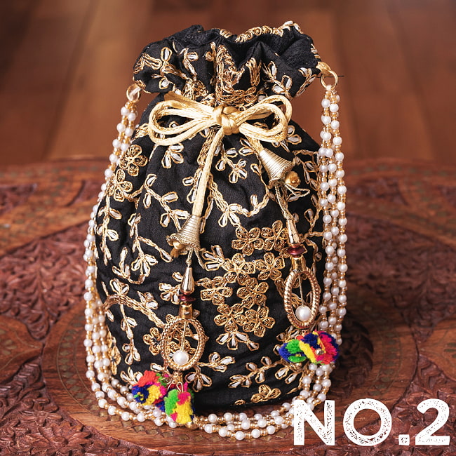 【自由に選べる3個セット】インドのきらきらミニバッグ・サリー等へオススメの巾着　ゴールド刺繍系 13 - No.2