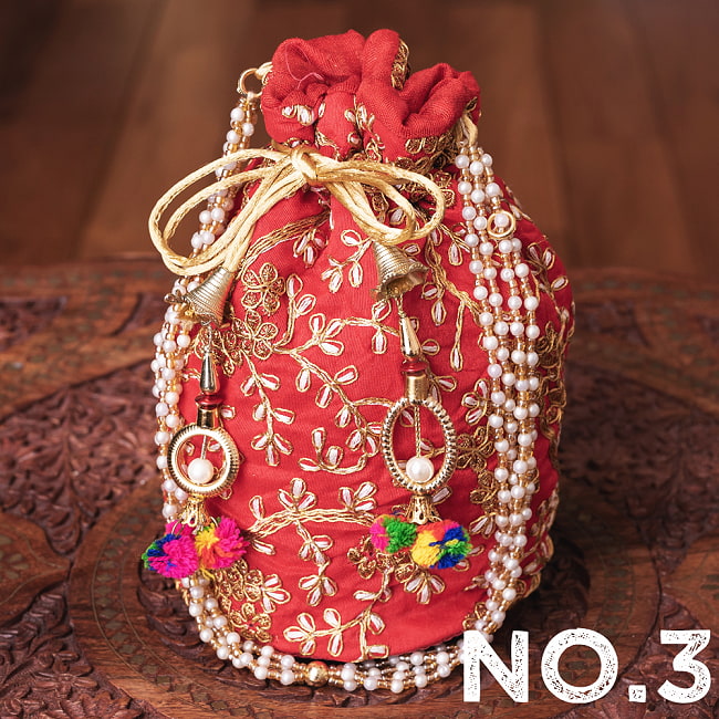 【自由に選べる3個セット】インドのきらきらミニバッグ・サリー等へオススメの巾着　ゴールド刺繍系 14 - No.3