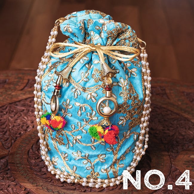 【自由に選べる3個セット】インドのきらきらミニバッグ・サリー等へオススメの巾着　ゴールド刺繍系 15 - No.4