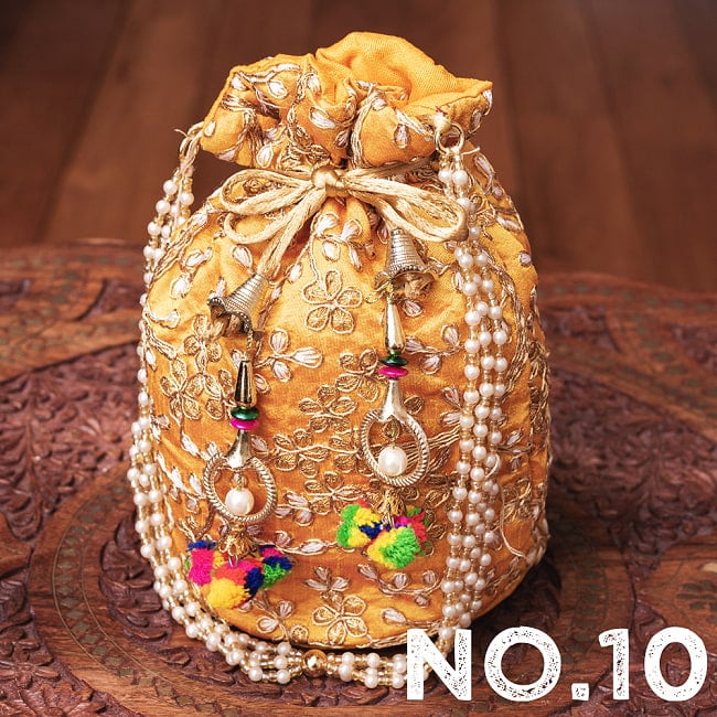 【自由に選べる3個セット】インドのきらきらミニバッグ・サリー等へオススメの巾着　ゴールド刺繍系 21 - No.10