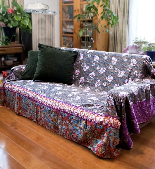 インドのパッチワーク〕ラリーキルトの大判マルチクロス〔約230cm×約