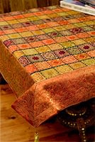 〔約105cm×105cm〕インドの金糸入りテーブルカバー - オレンジ×マルチカラーの商品写真