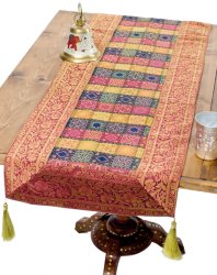 〔約180cm×40cm〕インドの金糸入りテーブルランナー - 赤紫×マルチカラーの商品写真