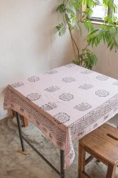 約100cm x 約100cm]木版染め インド綿テーブルクロス - 薄小豆色 象