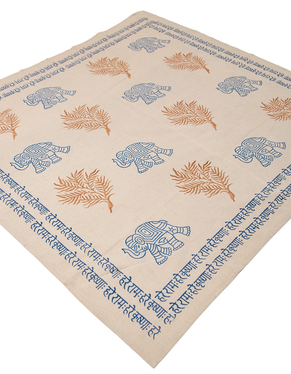 約102cm x 約105cm]木版染め インド綿テーブルクロス - 象と樹木 の