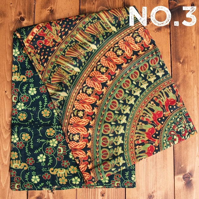 マルチクロス 円形 象と更紗模様〔200cm×134cm〕 10 - 【No.3】緑系