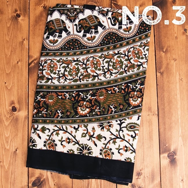 マルチクロス 円形 象と更紗模様〔239cm×209cm〕 10 - 【No.3】黒×緑×茶色系
