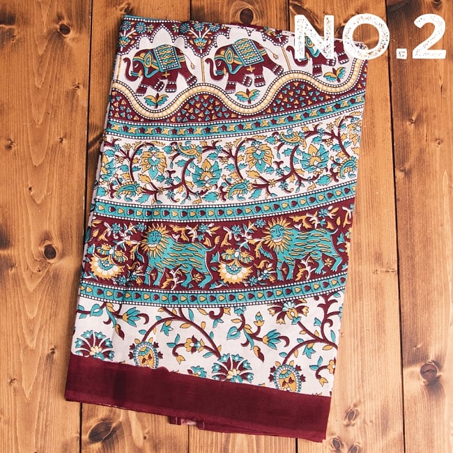 マルチクロス 円形 象と更紗模様〔239cm×209cm〕 9 - 【No.2】えんじ×青緑×黄土色系