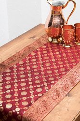 〔約175cm×45cm〕インドの金糸入りテーブルランナー -　レッド×サークル(ID-BDCB-1430)
