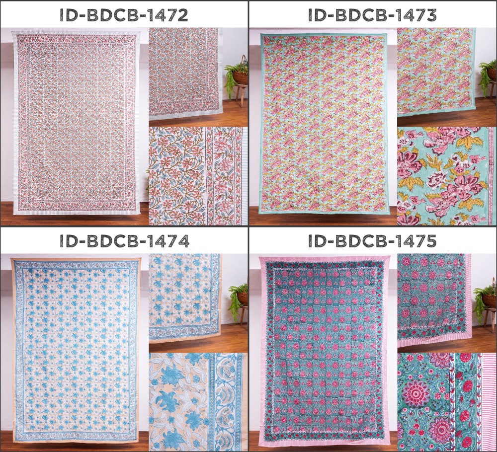 【自由に選べる3枚セット】ジャイプル 職人手作り インド伝統の木版染め更紗マルチクロス 美しい色彩 ボタニカル テーブルクロス ベッドカバー ソファーカバー パーテーションなどへ10枚目の下部説明写真です