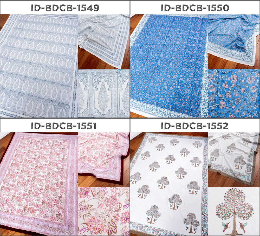 【自由に選べる3枚セット】ジャイプル 職人手作り インド伝統の木版染め更紗マルチクロス 美しい色彩 ボタニカル テーブルクロス ベッドカバー ソファーカバー パーテーションなどへ12枚目の下部説明写真です