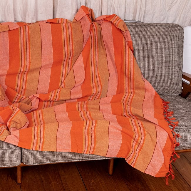 〔235cm×150cm〕カディコットン風マルチクロス - ストライプ柄 オレンジ系 6 - ソファー用のカバー等へご使用いただけます。雰囲気の良い色彩で部屋が明るくなります。
