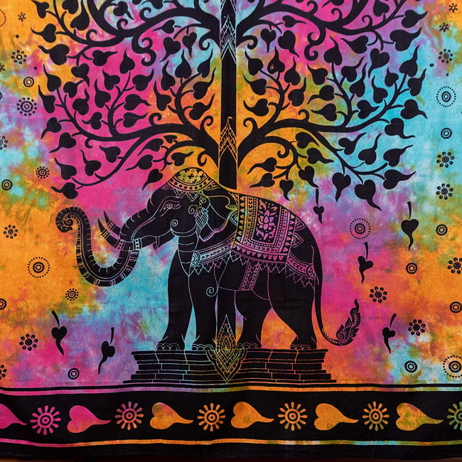 マルチクロス - 象と生命の樹　ホーリーカラータイダイ染め〔約219cm×約200cm〕 4 - 拡大写真です