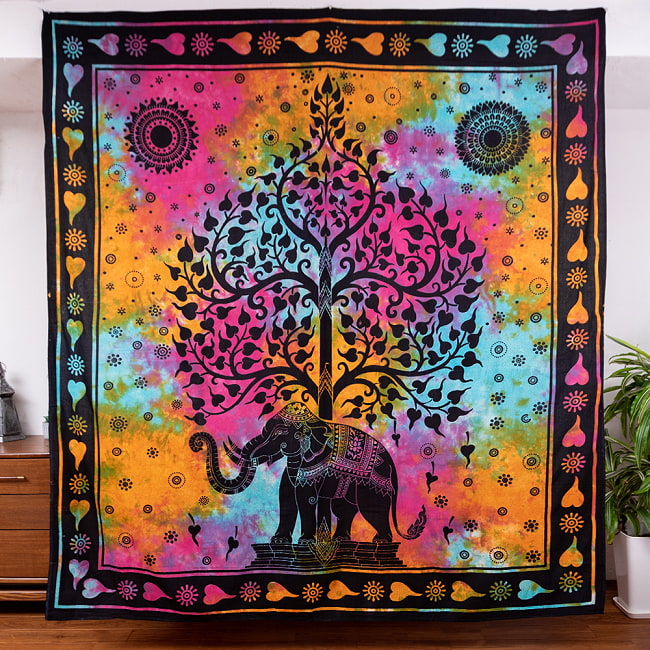 マルチクロス - 象と生命の樹　ホーリーカラータイダイ染め〔約219cm×約200cm〕の写真