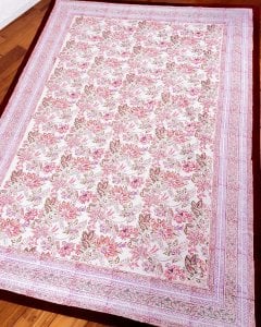 ジャイプル　職人手作り　インド伝統の木版染め更紗マルチクロス〔約227cm×約155cm〕美しい色彩　ボタニカル　テーブルクロス　ベッドカバー　ソファーカバー　パーテーションなどへ