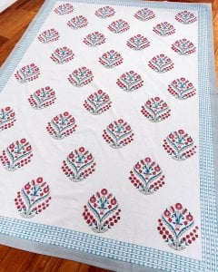 ジャイプル　職人手作り　インド伝統の木版染め更紗マルチクロス〔約224cm×約155cm〕美しい色彩　ボタニカル　テーブルクロス　ベッドカバー　ソファーカバー　パーテーションなどへ