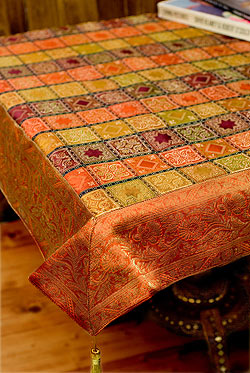 【自由に選べる6個セット】〔約105cm×105cm〕インドの金糸入りテーブルカバー - グリーン×マルチカラー - サブ3