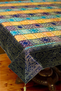 【自由に選べる6個セット】〔約105cm×105cm〕インドの金糸入りテーブルカバー - グリーン×マルチカラー - サブ4