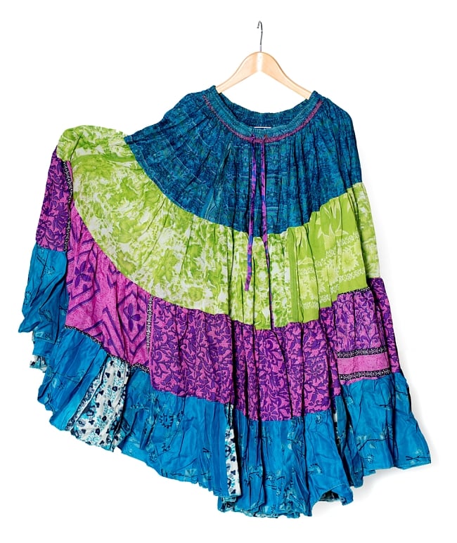 25ヤード アンティークサリーのジプシーパッチワークスカート4段【90cm】の写真