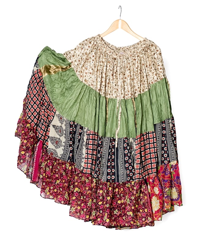 25ヤード アンティークサリーのジプシーパッチワークスカート4段【90cm】の写真