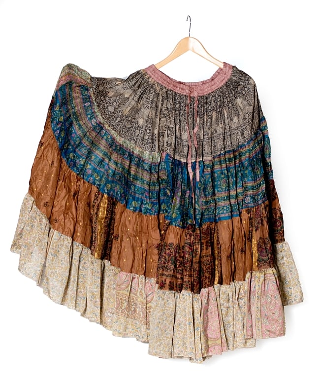 25ヤード アンティークサリーのジプシーパッチワークスカート4段【90cm】の写真ベリーダンス 衣装,ベリーダンス スカート,トライバル,ジプシー,レッスンウェア,群舞,サリー,ボヘミアン ファッション,ボホ