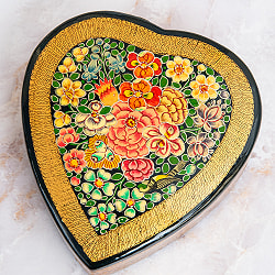 【超高精細・一点もの】カシミールのペーパーマッシュ 百花繚乱 ハート型小物入れ 約11cm x 約10.5cm - サブ2