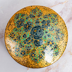 【超高精細・一点もの】カシミールのペーパーマッシュ 金色百華 円形小物入れ 約11cm x 約11cm - サブ2