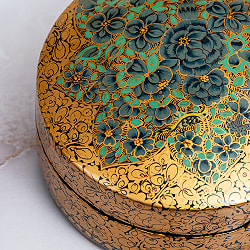 【超高精細・一点もの】カシミールのペーパーマッシュ 金色百華 円形小物入れ 約11cm x 約11cm - サブ3