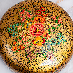 【超高精細・一点もの】カシミールのペーパーマッシュ 金色百花繚乱 円形小物入れ 約11cm x 約11cm - サブ2