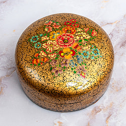 【超高精細・一点もの】カシミールのペーパーマッシュ 金色百花繚乱 円形小物入れ 約11cm x 約11cmの商品写真