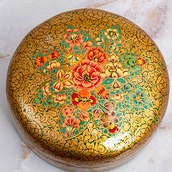 【超高精細・一点もの】カシミールのペーパーマッシュ 金色百花繚乱 円形小物入れ 約11cm x 約11cm - サブ2