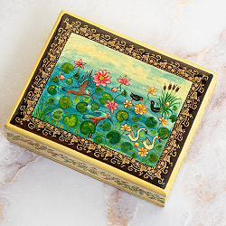 【超高精細・一点もの】カシミールのペーパーマッシュ 鳥の湖 長方形小物入れ 約11cm x 約9cm - サブ2