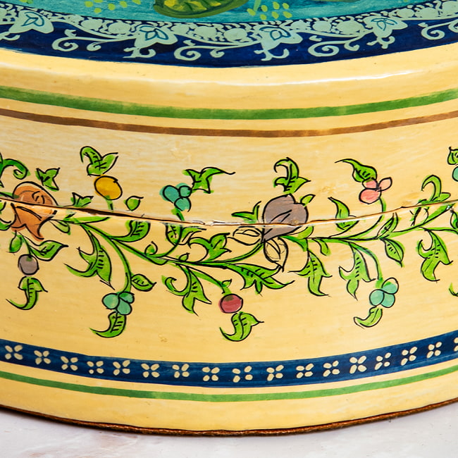 【超高精細・一点もの】カシミールのペーパーマッシュ 鳥の園 円形小物入れ 約11cm x 約11cm 11 - 側面も丁寧に描かれています。