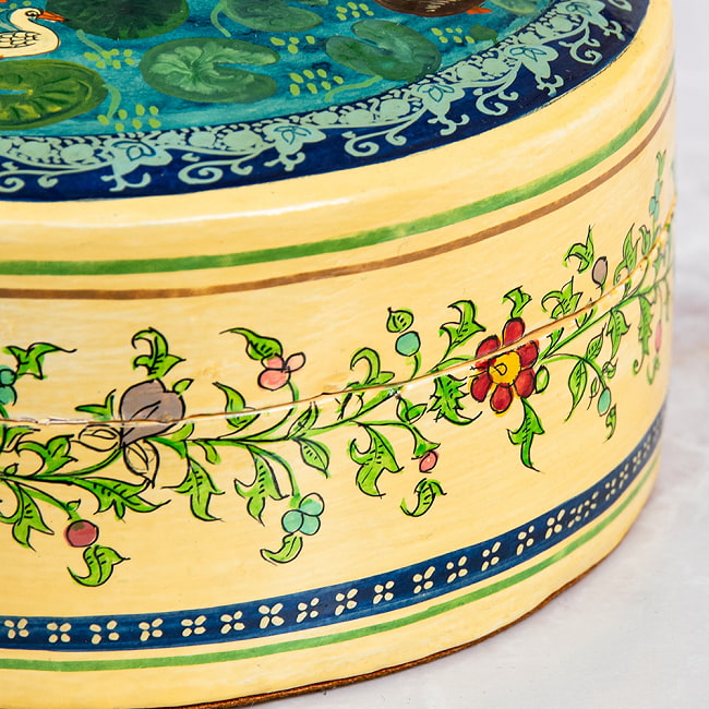 【超高精細・一点もの】カシミールのペーパーマッシュ 鳥の園 円形小物入れ 約11cm x 約11cm 12 - 側面も丁寧に描かれています。