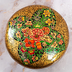 【超高精細・一点もの】カシミールのペーパーマッシュ 黒金地に百華 円形小物入れ 約10.5cm x 約10.5cm - サブ2