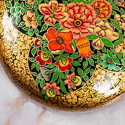 【超高精細・一点もの】カシミールのペーパーマッシュ 黒金地に百華 円形小物入れ 約10.5cm x 約10.5cm - サブ4