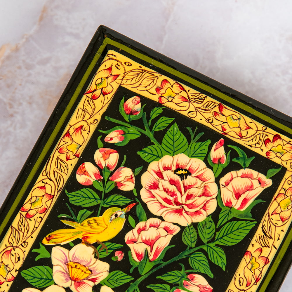 超高精細・一点もの】カシミールのペーパーマッシュ 花園に鳥 長方形