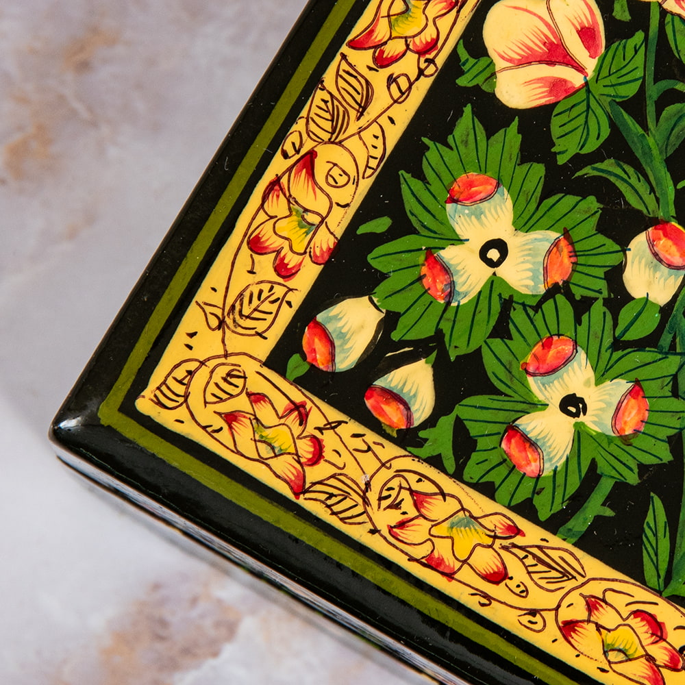 超高精細・一点もの】カシミールのペーパーマッシュ 花園に鳥 長方形